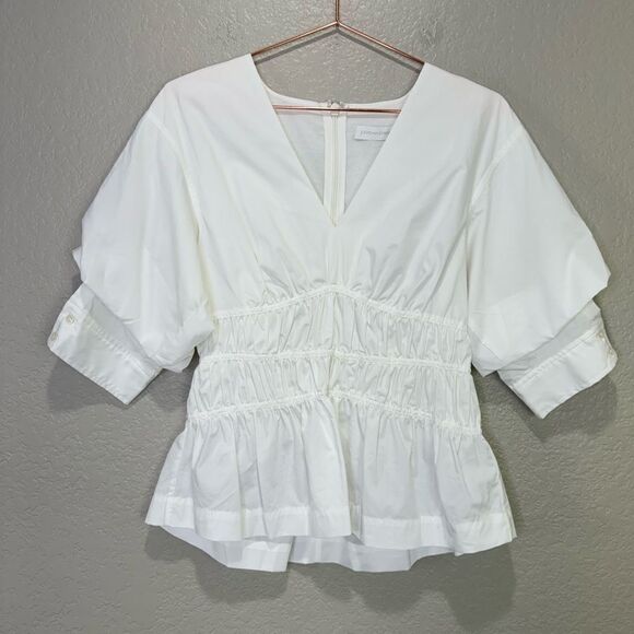 NEW Jonathan Simkhai Yuni Cotton Poplin Ruched Blouse White Size 8 - Picture 6 of 13